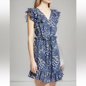 Rebecca Taylor Ava Silk Dress Navy Floral Midi ruffle drawstring pockets Sz.14